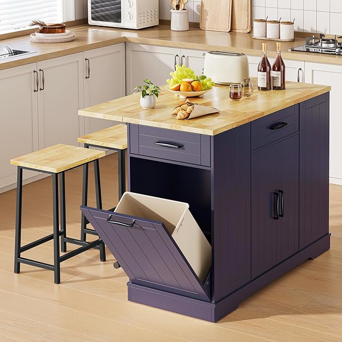 ONBRILL Stationary Kitchen Islands Include 2 Chairs, 47" Kitchen Island with Drop Leaf, Home Bar Table with Spice Rack & with Trash Cabinet, Island Table for Dining Room with Power Outlet, Blue