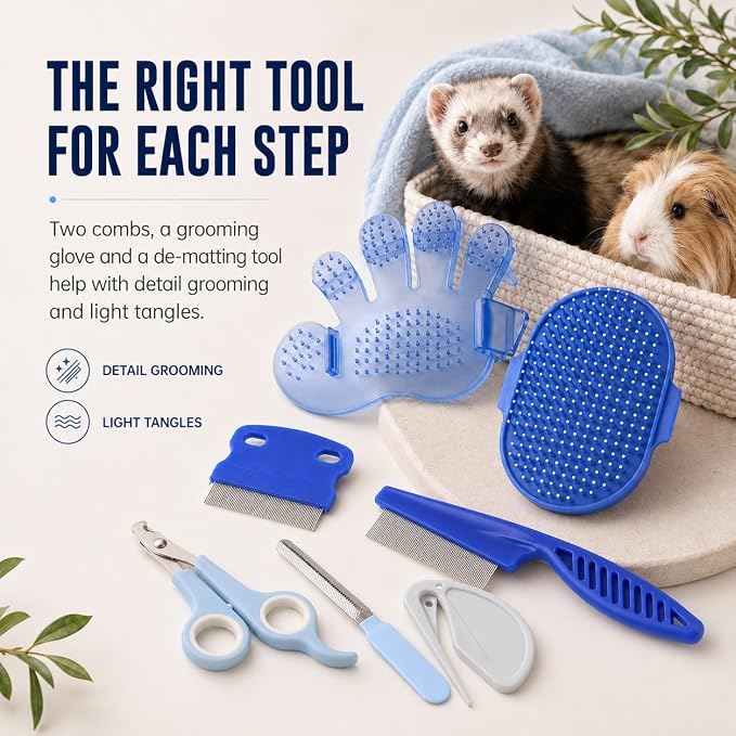 Rabbit Grooming Kit, 7-Piece Bunny Brush and Nail Care, Blue | 7 tools for loose fur, combing, light tangles and nail care; for rabbits, guinea pigs, hamsters and ferrets