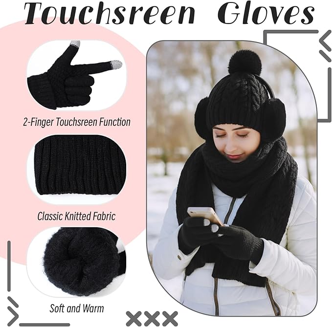 Geyoga 6 Pcs Winter Warm Set for Women Warm Beanies Hats Touchscreen Gloves Long Scarf Ear Muffs Socks Winter Gifts for Women