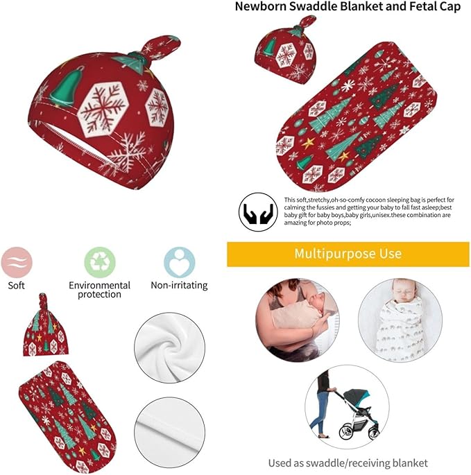 Christmas Baby Swaddle Blanket and Hat Set for Newborn Boys Girls Soft Infant Wrap Sleep 0-6 Months Happy Holidays