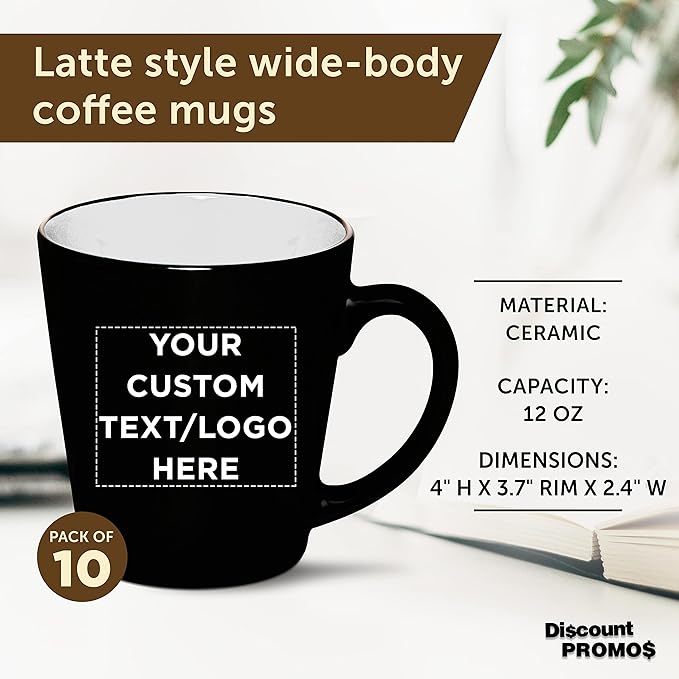 Custom Ceramic Coffee Latte Mugs 12 oz. Set of 10, Personalized Bulk Pack - Perfect for Coffee, Tea, Espresso, Hot Cocoa, Other Beverages - White