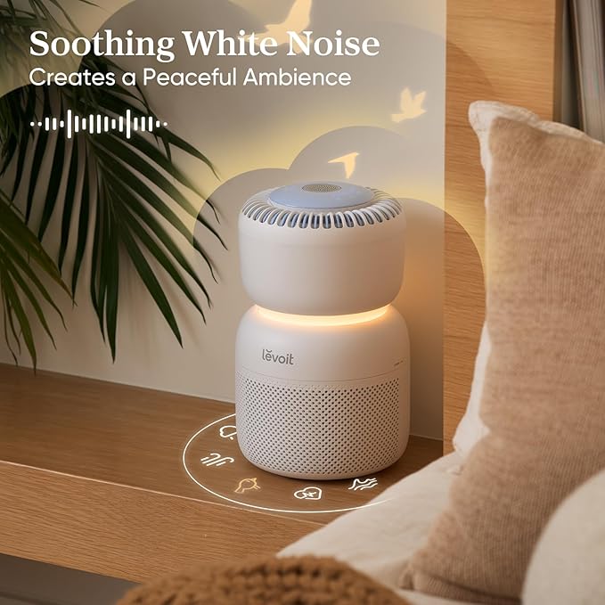 LEVOIT Air Purifier for Home Bedroom with HEPA Filter, White Noise Sound Machine and Blue Light-Free Night Light Support Better Sleep, AHAM VERIFIDE, 5 Air Quality Monitor, Smart WiFi, Sprout