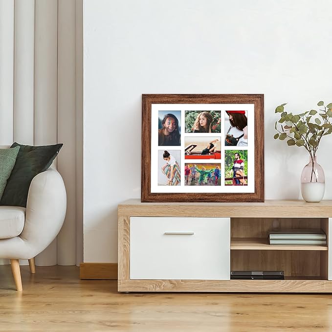 13.5x15.5 Picture Frame Display 7 opening 4X6 Picture Frame Collage,Multi Photo Frame with Mat,Plexiglass,Wall or Tabletop Decor,Carbonized Brown Wood Grain
