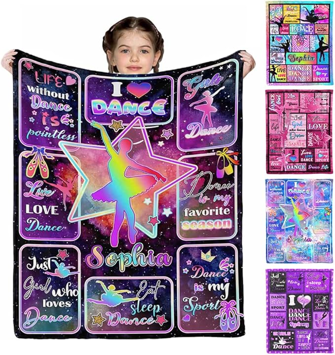 D-Story Custom Blanket with Name - Personalized Throw Blankets for Girls & Boys - Dancing Girl Design - Christmas & Birthday Gift
