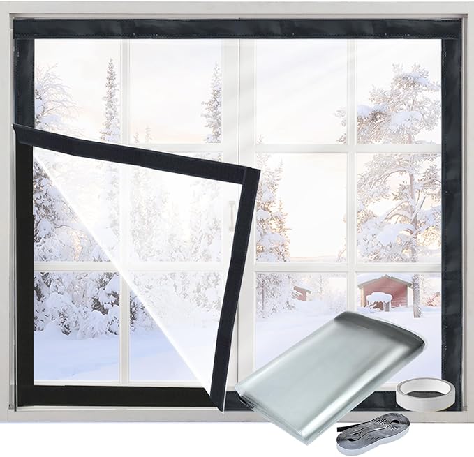 Window Insulation Kit for Winter Adjustable Plastic Insulated Window Cover Sealer Reusable Thermal Thicken Clear Insulation Wrap Transparent Film with Hook and Loop Tape for Winterizing 63'' x 63''