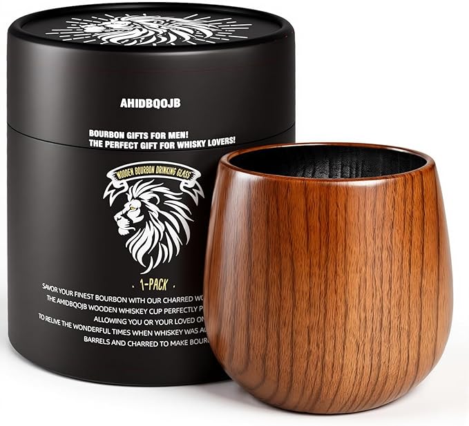 Wooden Bourbon Drinking Glass - Charred Wooden Whiskey Cup - Whiskey Glass for Men - Bourbon Gifts for Men Who Have Everything - Birthday Gifts for Dad Husband Boyfriend or Brother (1 Pack)