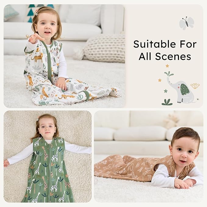 Baby Sleep Sack 0-6 months, 100% Cotton Sleeping Sack for Newborn and Infant, 3 Pack Baby Wearable Blanket for Boy and Girl, 0.5 Tog Lightweight Double Zipper Sleep Bag Green Brown Giraffe