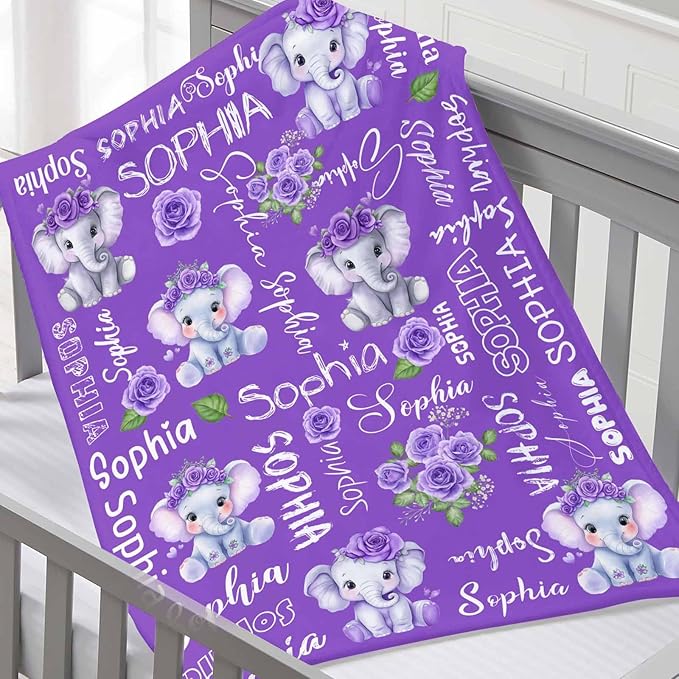 D-Story Ship Next Day, Personalized Baby Blanket, Custom Baby Blanket with Name for Girls and Boys, Elephant Blankets, Personalized Baby Gifts