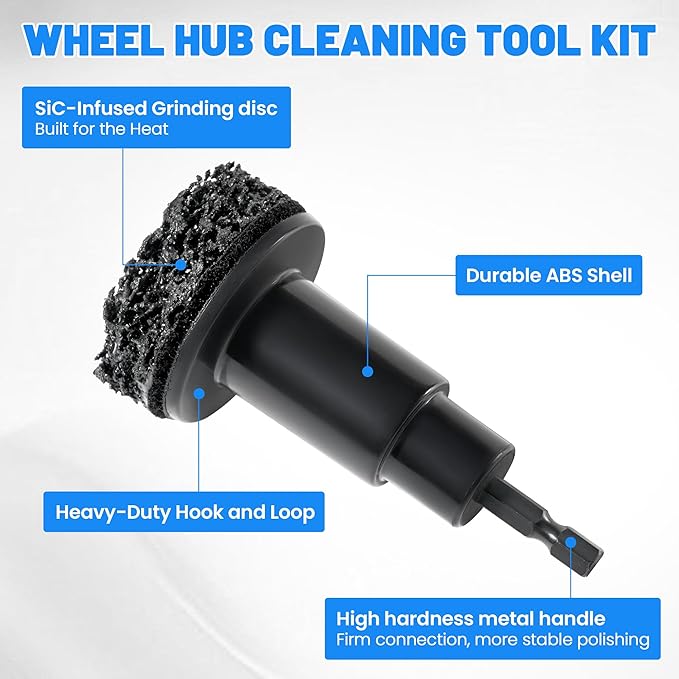Wheel Hub Cleaning Tool Kit, Drill-Powered Wheel Stud Cleaner Includes 5 Pads, Fits Power Drill & 1/2" Impact Driven Wrenches, Quick Rust Removal, Surface Resurfacing for Lug Stud and Rotor