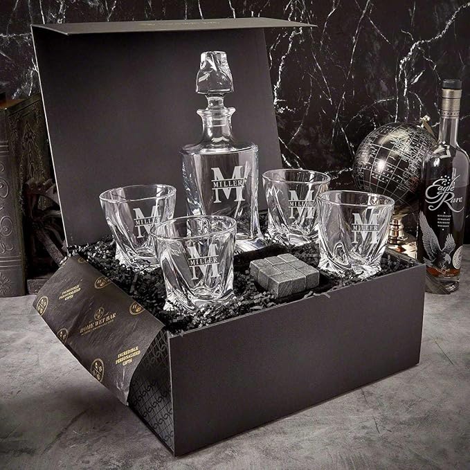 HomeWetBar Personalized Whiskey Decanter Set with Engraved Rocks Glasses & Luxury Wooden Box Set - 7pc Whiskey Decanter Gifts for Men
