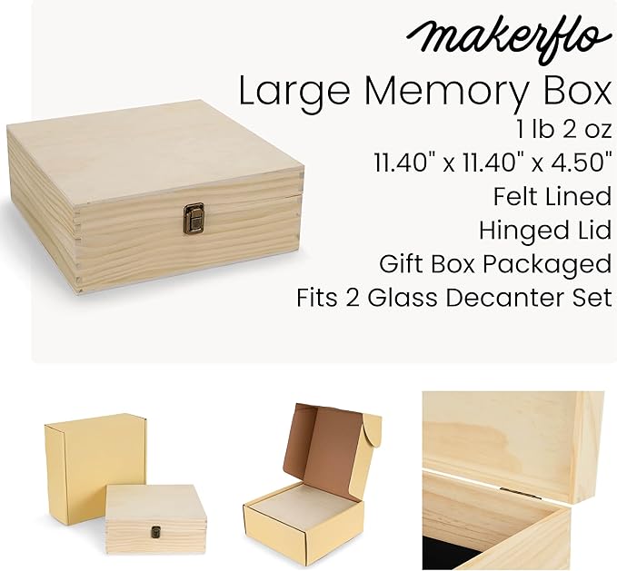 makerflo Large Grey Pine Wood Memory Box with Black Felt Inside, Hinged with Clasp, Keepsake Wooden Box Ideal for Craft and Personalization (Laser Engraving, Epoxy, UV DTF, and Vinyl) – Pack of 12