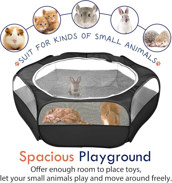 Pawaboo Small Animal Playpen with Zippered Cover, Black | Portable pop-up pet tent for supervised rabbits, guinea pigs, chicks and kittens; water-resistant bottom and 3 metal rods