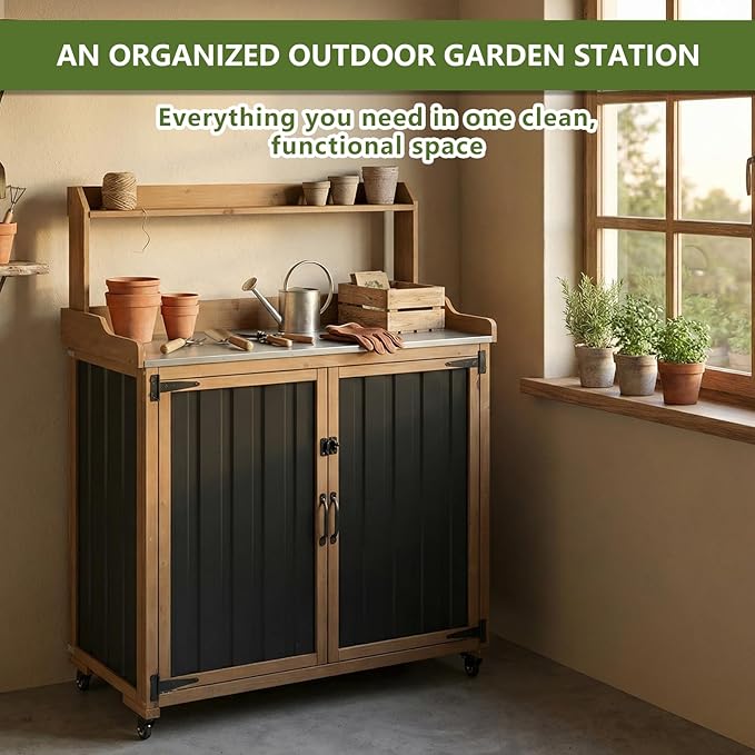 Ketive Outdoor Potting Bench with Storage, Potting Table with Metal Top, Garden Workstation Cabinet with Shelf, Rolling Outdoor Work Table for Backyard Patio Gardening