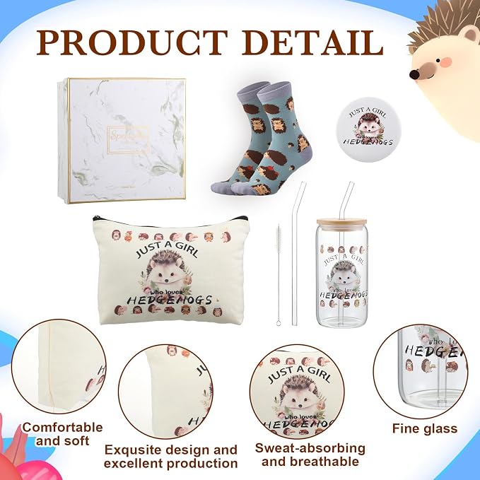 Kacctyen 5 Pcs Christmas Hedgehog Gift for Women Hedgehog Accessories 16oz Glass Cup Tumbler with Lid Straw Makeup Cosmetic Bag Pocket Mirror Sock for Daughter Sister Bestie Birthday Animal Lover Gift