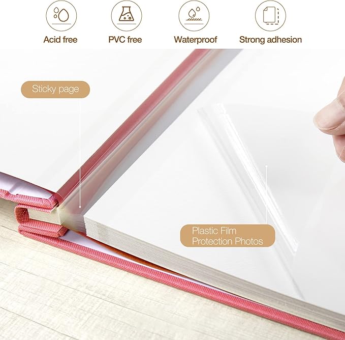 potricher 13.2x12.8 Inch Self Adhesive Photo Album Linen Cover 80 Pages Sticky 3x5 4x6 5x7 6x8 8x10 8.5x11 Magnetic DIY Scrapbook Photo Album with A Metallic Pen (Pink)