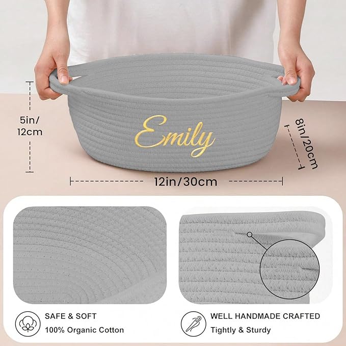 HUTARIO Personalized Woven Basket Embroidered Name with Gift Bags and Ribbons,Empty Small Rope Basket，Durable Storage Custom Grey Basket with Handles for Baby Showers or Christmas,12"×8"×5"