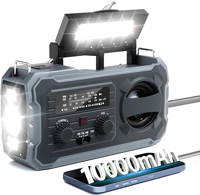 Hand Crank Emergency Radio, 10000mAh Weather Radio with AM/FM/NOAA, Solar Prower, SOS Alarm, Phone Charging, LED Flashlight, Portable Survival Gear for Outdoor & Home Emergencies Kits, Grey