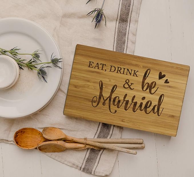 Andaz Press Laser Engraved Small Bamboo Wood Cutting Board, 9.5 x 6-inch, Eat Drink and Be Married, 1-Pack