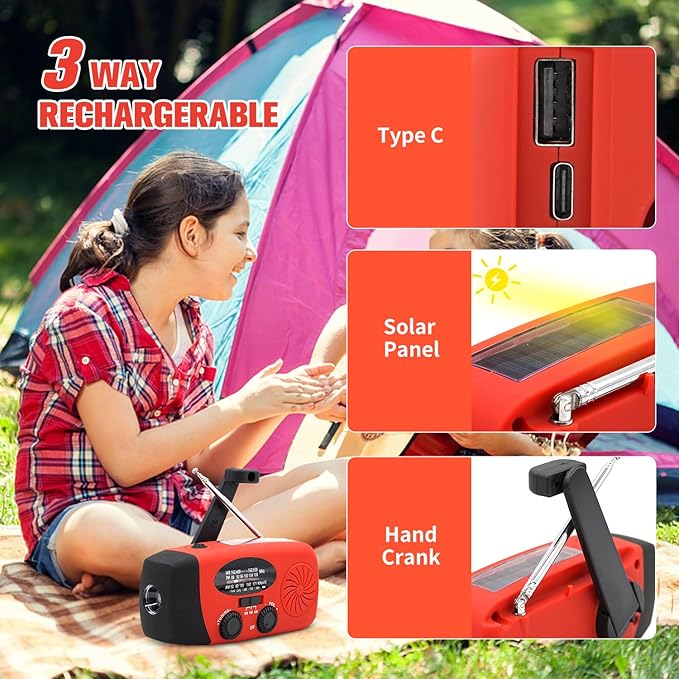 Solar Emergency Hand Crank Weather Radio, Portable Self Powered NOAA AM/FM Radios with SOS Alarm LED Flashlight 5000mAh Smart Phone USB Charger for Camping (Red)