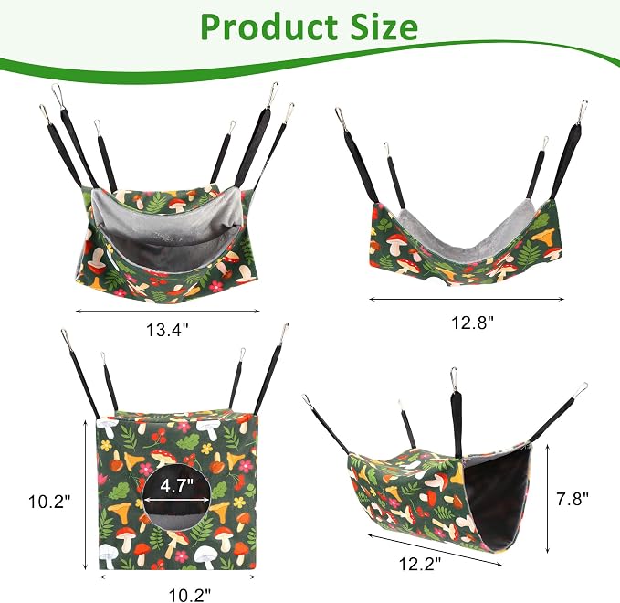 4 Pack Ferret Hammock Set for Cage Comfort Rat Bedding Accessories | Soft Small Animal Hanging Hammock Hideaway Tunnel Toys Cage Accessories for Guinea Pig Hedgehog Sugar Glider Green Mushroom