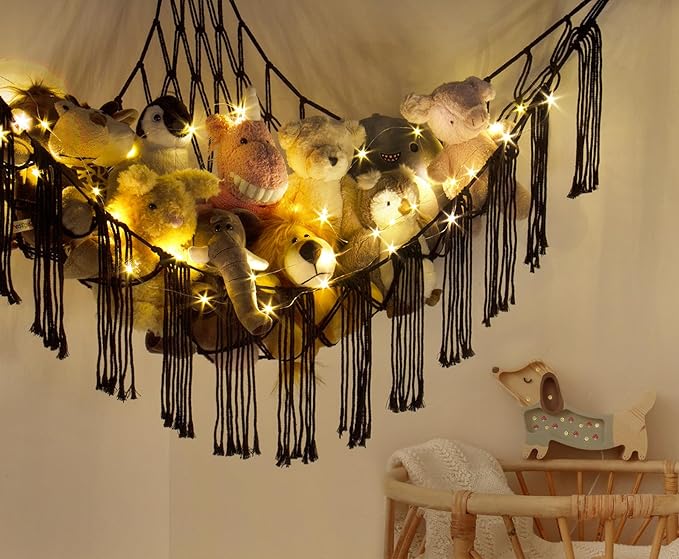 Macrame Stuffed Animal Hammock Corner with LED Light - Black Toy Storage Hammock Plushie Net Organizer Display - Teddy Bear Stuffy Hammocks - Boy Bedroom Decor Cool