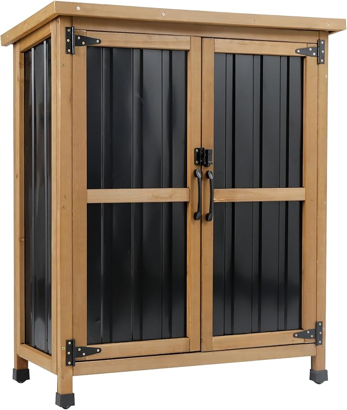 Ketive Outdoor Storage Cabinet, Wood & Metal Small Garden Tool Storage Cabinet with Weather-Resistant Asphalt Roof, Double Lockable Doors & Removable Shelves for Porch, Patio, Garden, Backyard