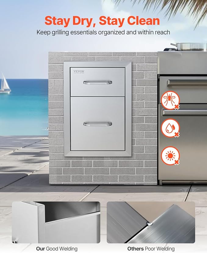 VEVOR Outdoor Kitchen Drawers 13" W x 20.5" H x 21" D, Flush Mount Double BBQ Access Drawers with Stainless Steel Handle, BBQ Island for Outdoor Kitchens or Patio Grill Station