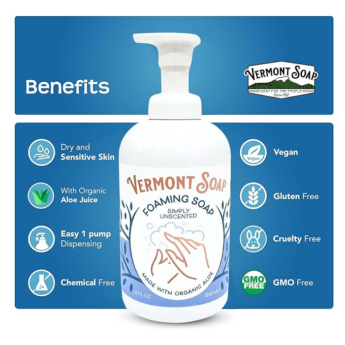 VERMONT SOAP Organic Unscented Foaming Hand Soap - Natural Moisturizing Soap for Dry Skin - Fragrance Free Liquid Bathroom Hand Soap Dispenser - Simply Unscented - 12 oz