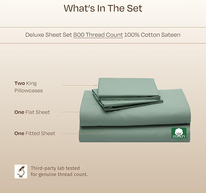 California Design Den King Size Sheet Set - Luxury Hotel 800 Thread Count Sateen, Natural 100% Cotton Bedsheets King Size Bed, Deep Pockets with Snug Fit, Durable Bedding Set - Sage Green