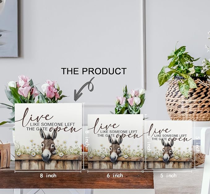 Donkey Signs - Farm Cottagecore Animal Office Kitchen Bedroom Decor,Rustic Farmhouse Live like Someone Left the Gate Open Home Decor Wooden Signs,Donkey Gifts for Women,8x8