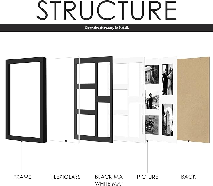 12.5x15 Collage Picture Frame, 4x6 Collage Picture Frame, Displays Five 4x6 inch Photos, Wall Decor Wall Hanging or Tabletop, Black Mat.