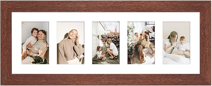 8x24 Picture Frame Display 5 opening 4X6 Picture Frame Collage,Multi Photo Frame with Mat,Plexiglass,Wall or Tabletop Decor,Walnut Wood Grain