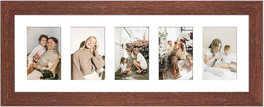 8x24 Picture Frame Display 5 opening 4X6 Picture Frame Collage,Multi Photo Frame with Mat,Plexiglass,Wall or Tabletop Decor,Walnut Wood Grain