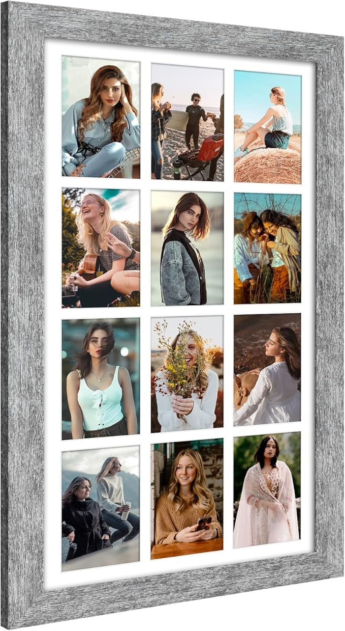 13x25 Picture Frame Display 12 opening 4X6 Picture Frame Collage,Multi Photo Frame with Mat,Plexiglass,Wall Mount Decor,Grey Wood Grain