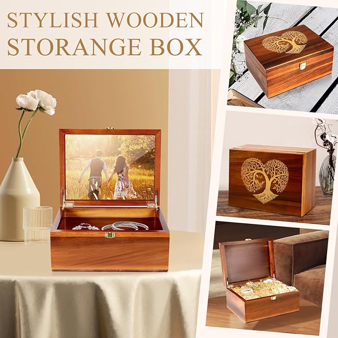 Large Wooden Keepsake Box with Hinged Lid and Photo Frame - Elegant Wedding Memory Box, Ideal for Photos, Letters, Time Capsules, Bride Gift, Love, Decorative Storage，5.5“*8.6”*11.3“