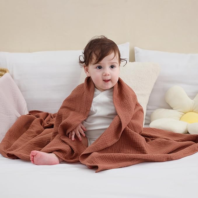 DaysU Muslin Baby Swaddle Blanket, Cotton Swaddling Blankets for Baby Boy and Girl, Nursery Skin-Friendly Baby Receiving Blanket for Newborns, Breathable Swaddle Wrap 2 Pack, 47”x47”-Brown+Lilac Ash