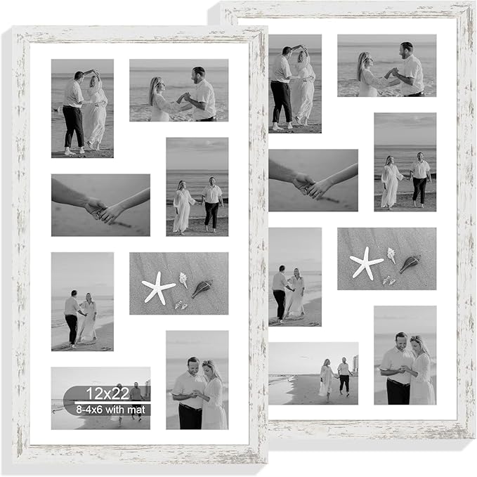 12x22 Picture Frame Set of 2, Distressed White with Glass Collage Frame, Display Eight Opening 4x6 Photos With Mat or 12 x 22 Newspaper Without Mat - Horizontal or Vertical Wall Mounting