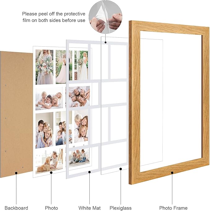 13x21 Picture Frame Display 10 opening 4X6 Picture Frame Collage,Multi Photo Frame with Mat,Plexiglass,Wall Mount Decor,Natural Wood Grain