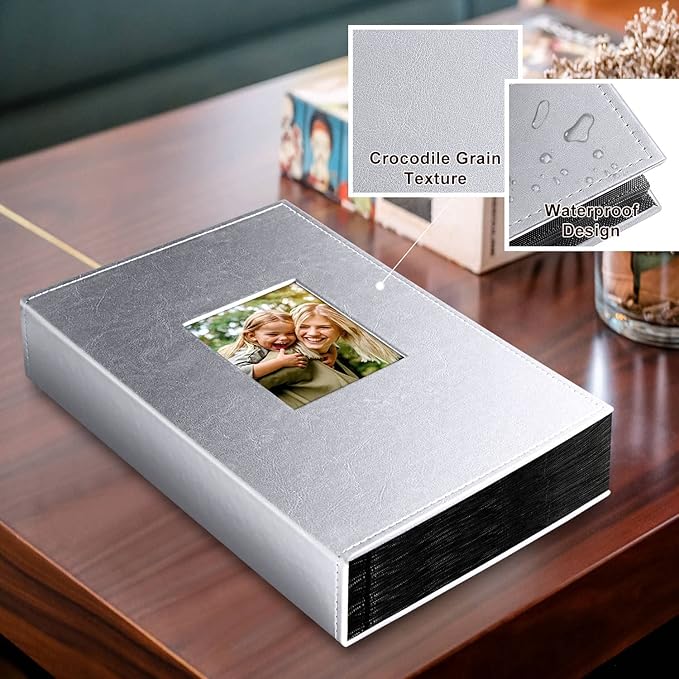 Ywlake Photo Album 4x6 300 Pockets, Leather Photo Albums Holds 300 Horizontal Only Pictures Silver