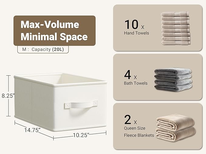 Fabric Storage Bins | Closet Bin Shelf Organizer Shelf Basket | Collapsible Linen Closet Organizer Storage Cube | 14¾"L x 10¼"W x 8¼"H | Storage for Clothes | White & Ivory 3 Pack