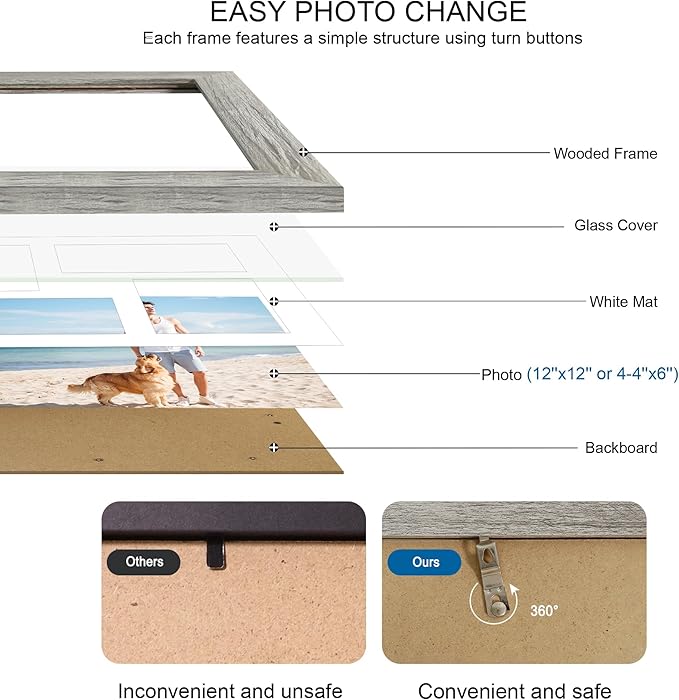 12x12 Picture Frame Set of 2, Grey Wood Frame with Glass Collage Frame, Display Pictures 4-4x6 With Mat or 12 x 12 Without Mat, Square Photo Frames Collage for Wall Hanging or Tabletop