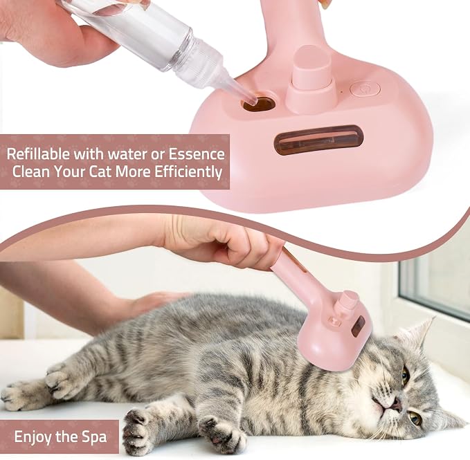 Bunny Ferret Steam Brush Release Button Self Cleaning Spray Comb for Long and Short Hair Cats Rechargeable Steaming Cat Grooming Brush Steamer to Remove Loose Hair (Pink)