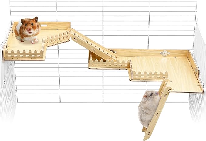 Fhiny 2-Tier Hanging Gerbil Climbing Platform with Ladder & Fence, Wooden Platform for Cage, Hamster Activity Playground Habitat Decor, Cage Accessories for Dwarf Hamster Gerbil Mice Rat Mouse