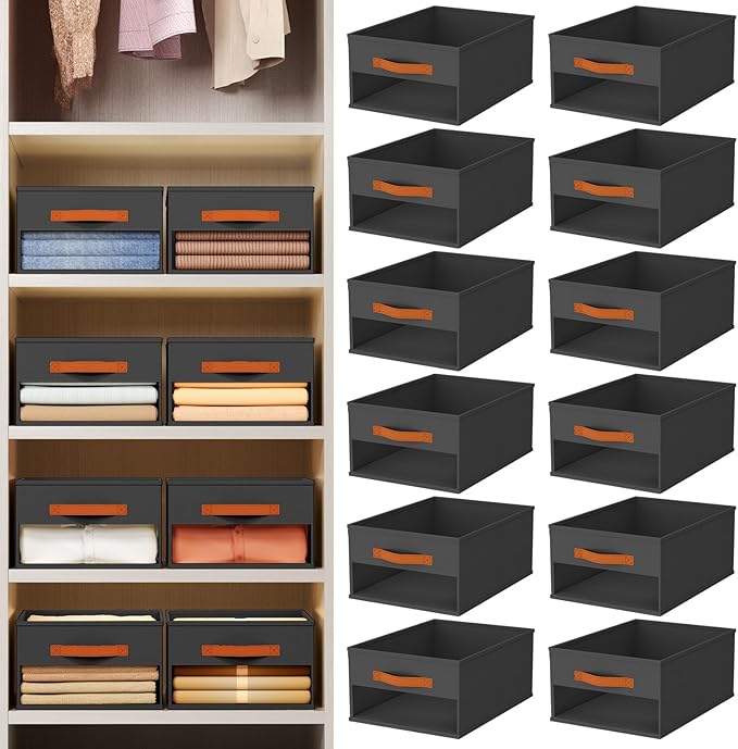 Drawer Organizers and Storage - 12 Pack Foldable Pants Organizer with Clear Window & Handles, Fabric Closet Organizer for Clothes, Jeans, Sweaters, Towels, T-shirt, Scarf (Black)