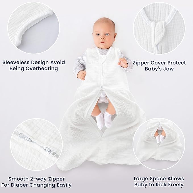 PHF 100% Muslin Cotton Baby Sleep Sacks, 6-12 Months Sleep Sack with 2-Way Zipper, 2 Pack Unisex 0.5 TOG Breathable Medium Size Sleeveless Baby Wearable Blanket, White & Grey