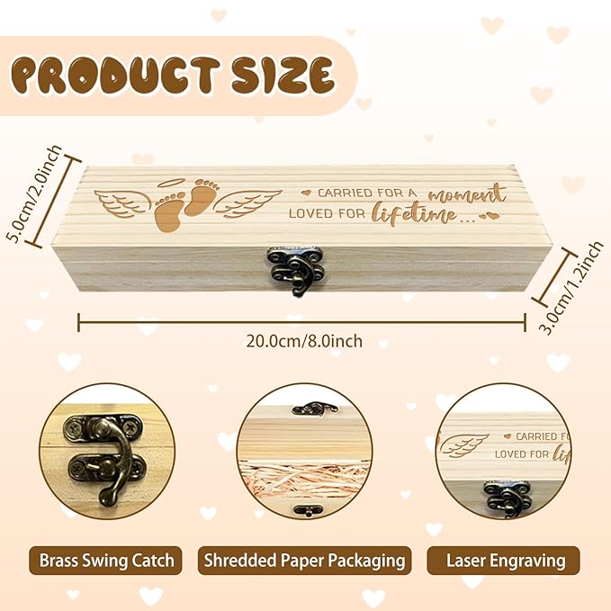 CHGCRAFT Miscarriage Gifts for Mothers Lost Baby Sympathy Gift Keepsake Box Wings Feet Heart Wooden Loss of Baby Sympathy Gifts Box with Raffia Ribbon and Lock for Mom Dad, 8x2x1.2 inch