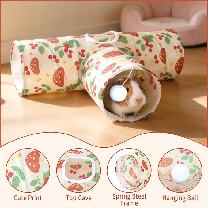 Rypet Guinea Pig Tunnel Hideout 3-Way Collapsible Small Pet Tubes, Cherry | 3 Way Design for Exploration, Collapsible for Easy Storage, Built-in Play Ball, Hiding & Resting for Hamsters Ferrets