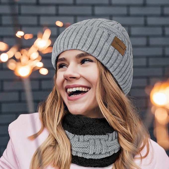 Loritta 3-Pieces Winter Hat Neck Warmer Touchscreen Gloves Set Knit Thick Scarf Beanie Hats Scarves Set Gifts for Women