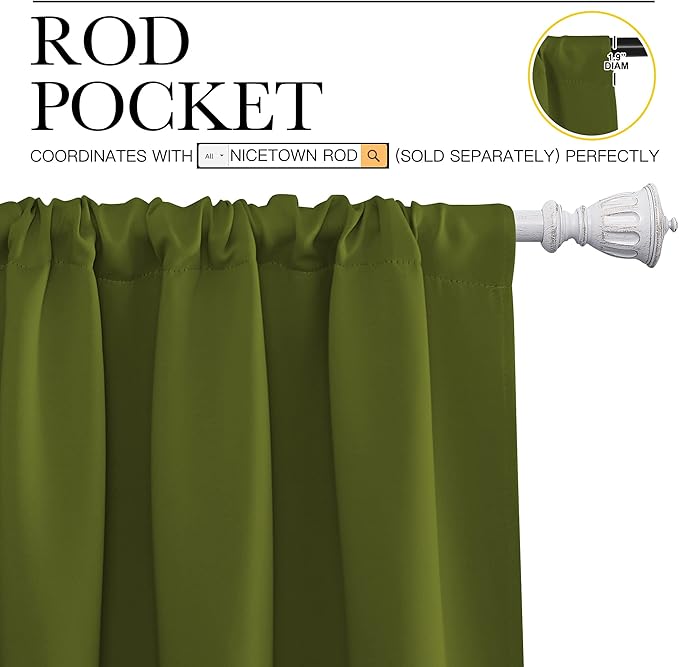 NICETOWN Christmas Window Curtains Blackout Drapes for Gifts, Thermal Insulated Solid Rod Pocket Blackout Curtains/Draperies for Living Room (Olive Green, 1 Pair, 52 by 72-Inch)