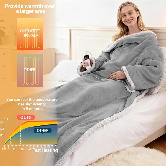 Wearable Heated Blanket With Sleeves & Foot Pocket, Heated Throw Blankets Fast Heating Blanket With 10 Heat Settings Auto Shut Off Over-Heat Protection-Warm Gift, Machine Washable, 52”*72”+18”